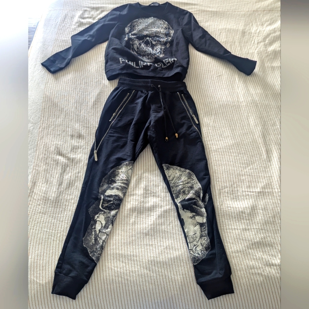 Philipp Plein Black Embellished Skull Print Tracksuit - Large